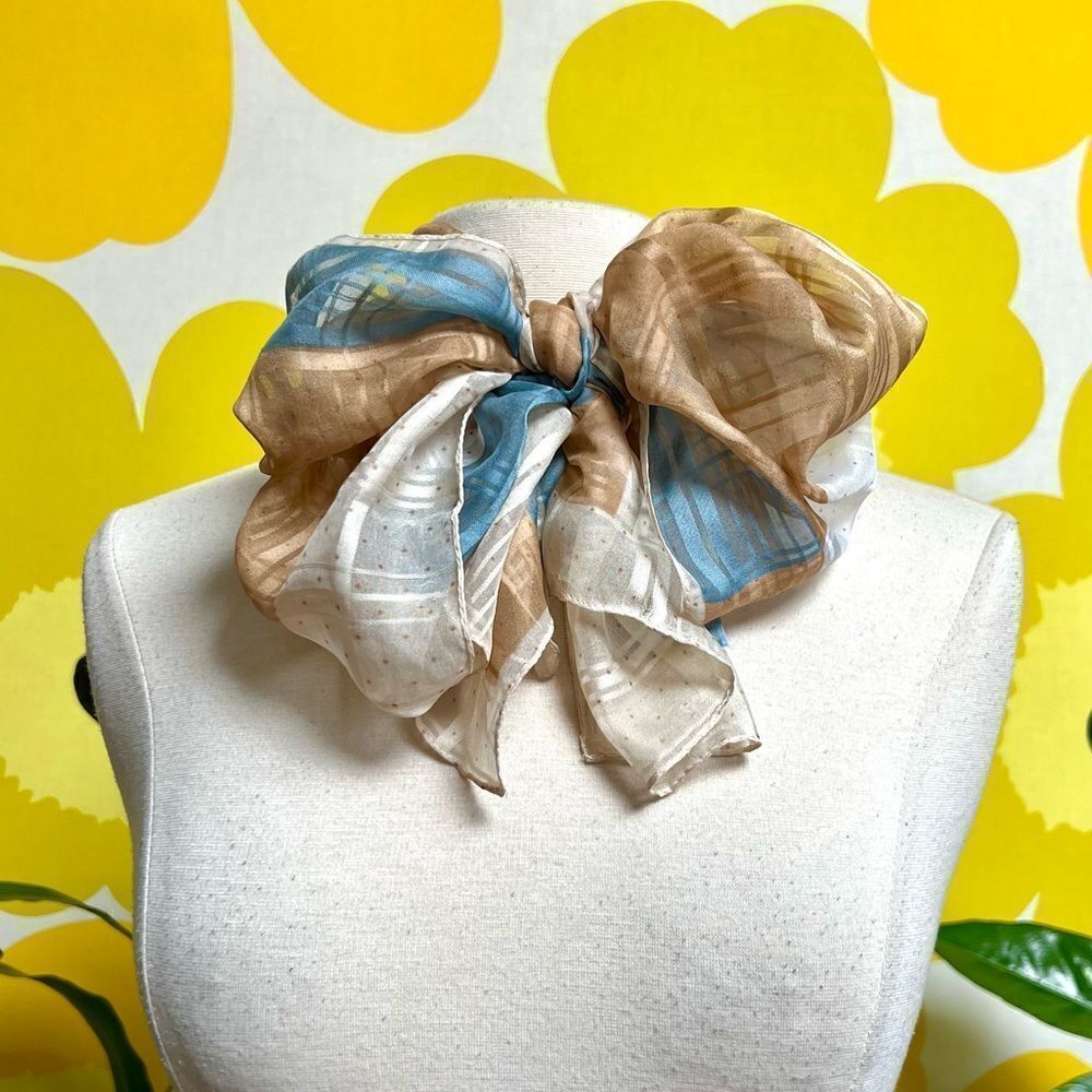 Vintage Airy Semi Sheer Neutral Baby Blue Plaid Print Scarf